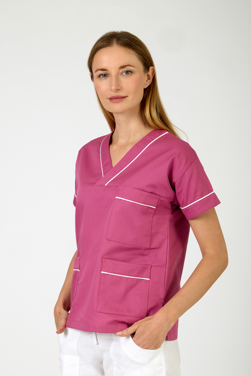 Casacca unisex collo V incrocio fucsia e profili bianchi